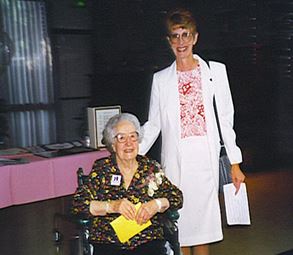 Past FCWCC Presidents, Ethel McCormack and Margie Reisz, at Ethel’s surprise 95th birthday party in 1995. Margie presented the certificate to Ethel announcing the founding of the first Ethel McCormack Scholarship at CSU Fresno’s Plant Science Department.
